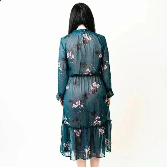 Lulus Newell Teal Green Sheer Floral Print Midi Dress - L - Picture 5 of 8
